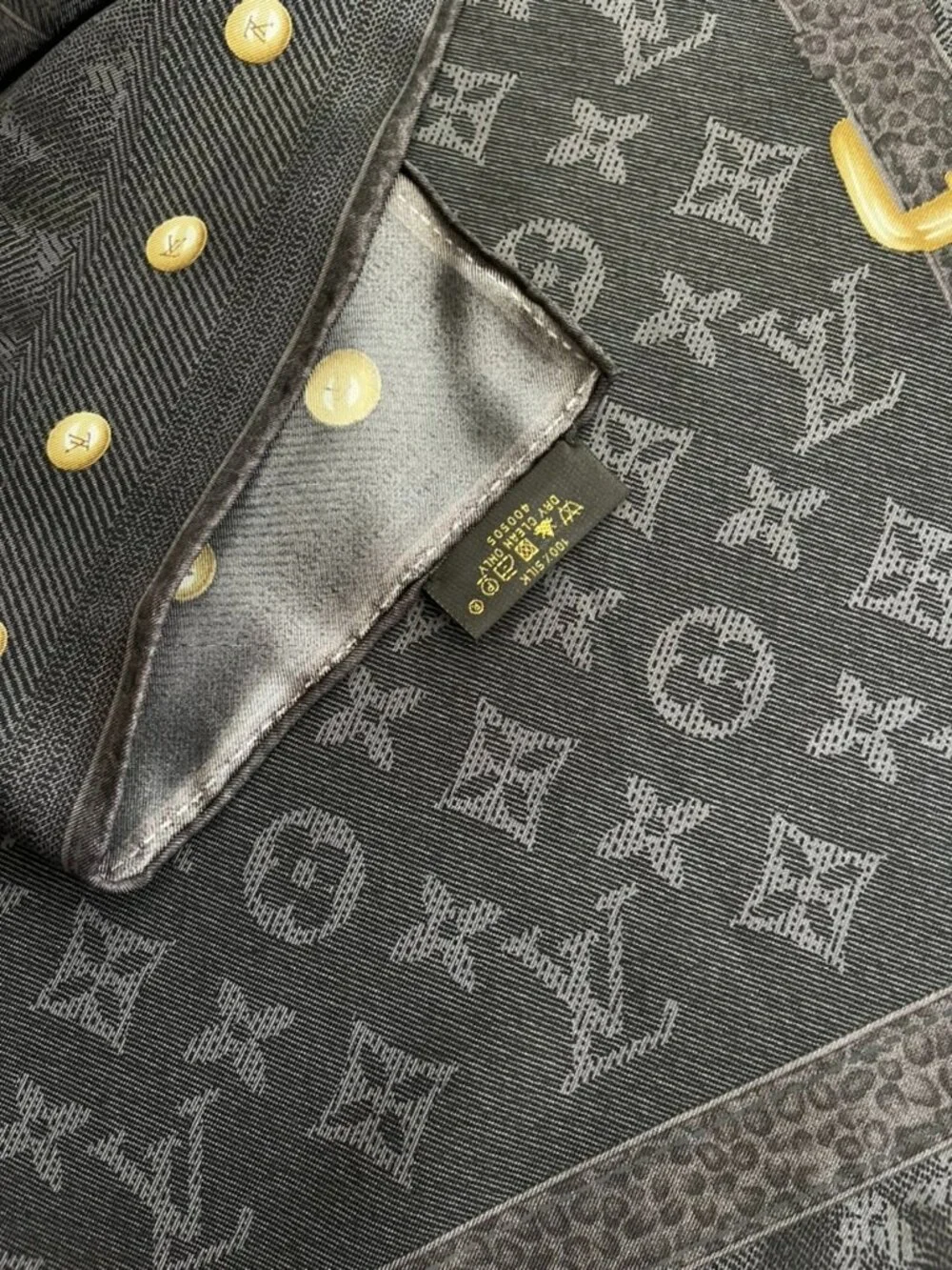 Display #2 Louis Vuitton Monogram Silk Twill Square Scarf Black Gray Gold